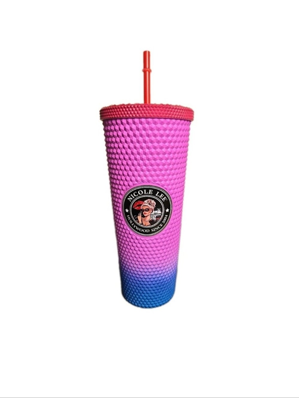 Nicole Lee Studded Tumbler Pink & Blue 24oz Cold Cup with Straw Lady in Black